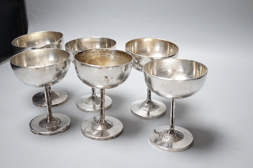 A set of six early 20th century Chinese Export white metal goblets, by Luen Wo, Shanghai, with faux bamboo stems, height 11.9cm, 29oz, (heights differ).